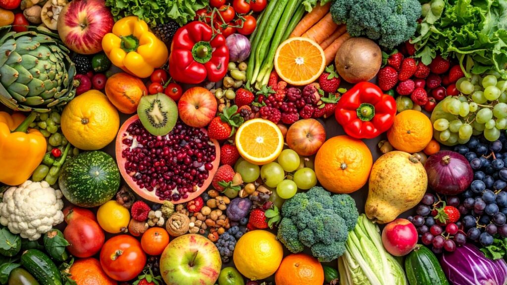 A display of fruits and vegetables for a lower inflammation healthy diet